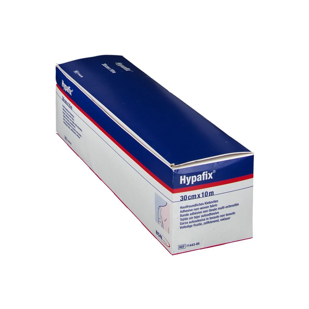 Confezione in cartone inclinata di Hypafix, 30 cm x 10 m. Design blu e bianco con nome e dimensioni.