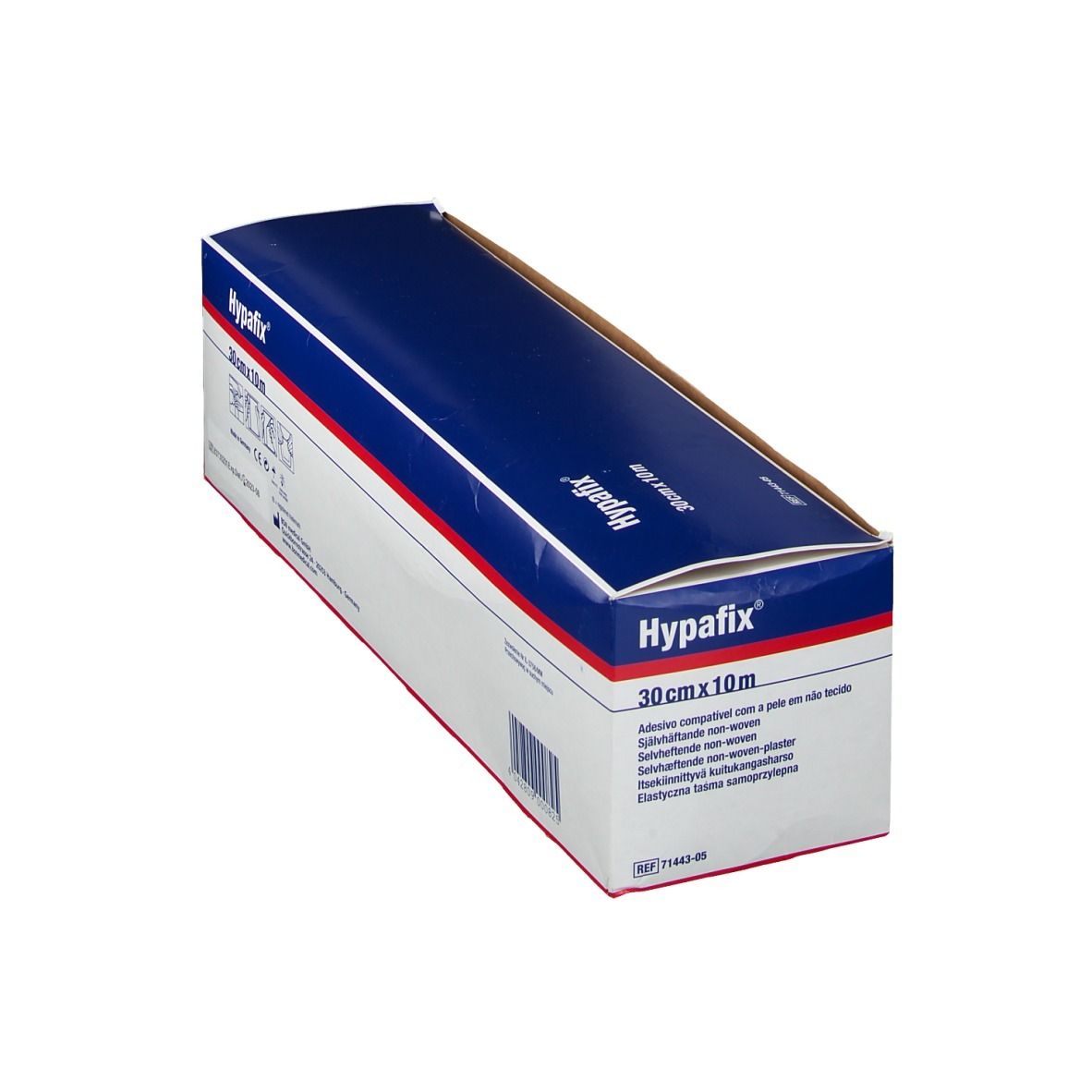 Confezione in cartone inclinata di Hypafix, 30 cm x 10 m. Retro con informazioni sul prodotto. Design blu e bianco.