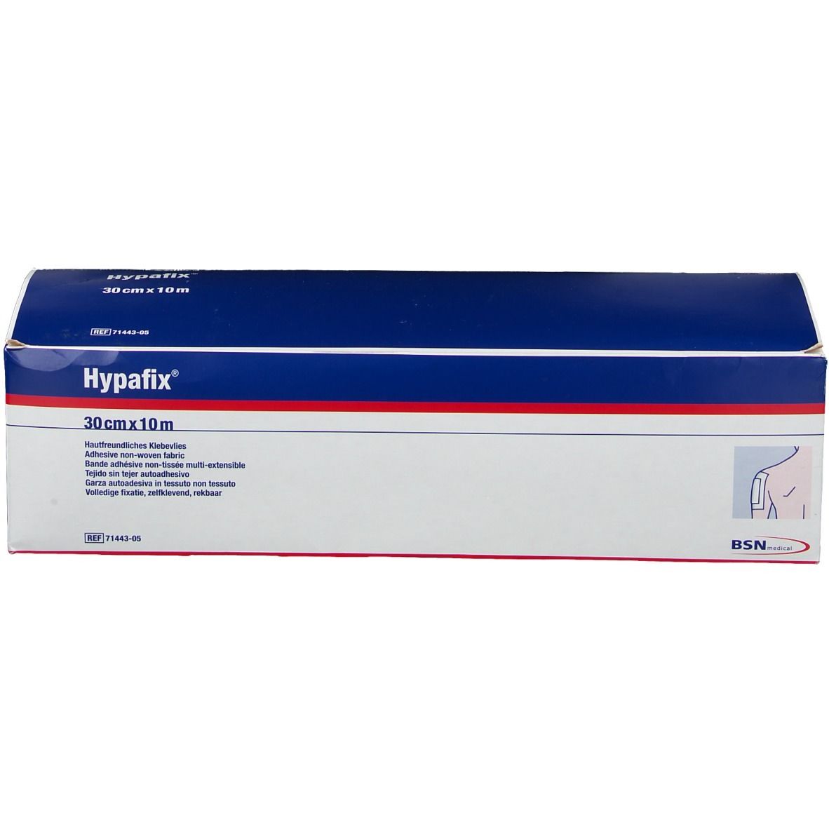 Fronte della confezione in cartone di Hypafix, 30 cm x 10 m. Design blu e bianco con nome e dimensioni. Logo BSN.