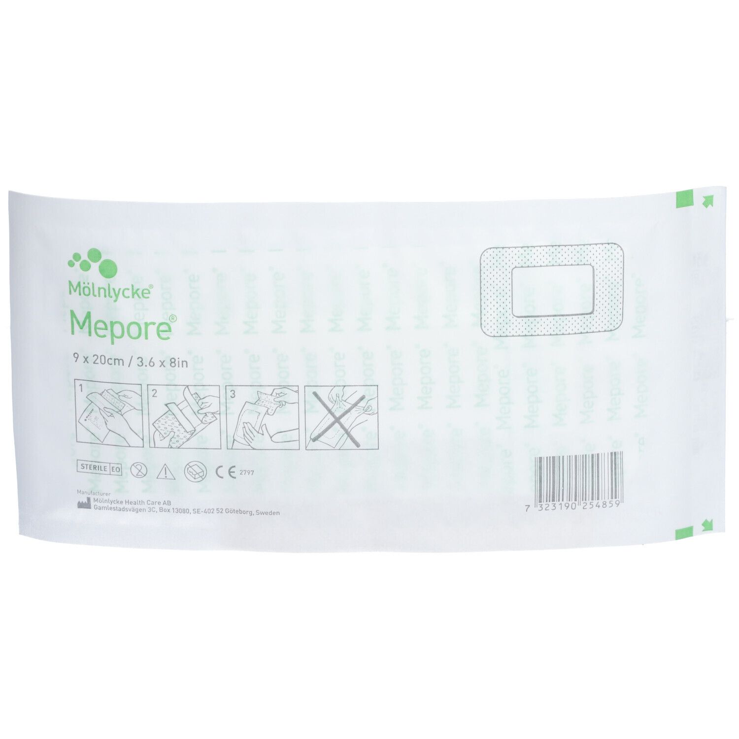 Confezione di medicazione Mepore 9x20cm. Confezione sterile con istruzioni e avvertenze. Colori verde e bianco.