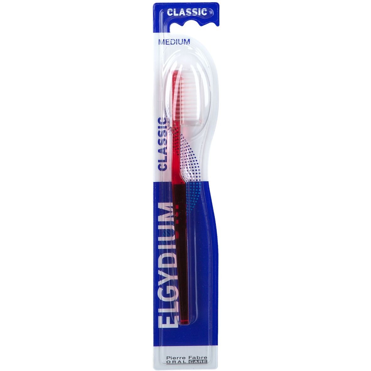 Spazzolino Elgydium Classic Medium, rosso-blu. Confezione blister. Visibili: marchio, nome del prodotto.