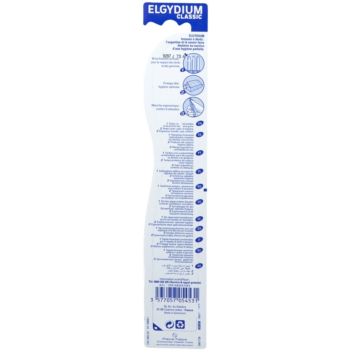 Retro della confezione dello spazzolino Elgydium Classic. Testo multilingue. Informazioni sul prodotto e produttore.