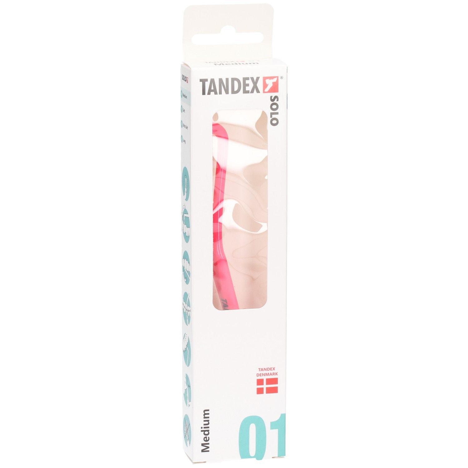 Confezione di uno spazzolino Tandex Solo rosa, Medium, con bandiera danese.