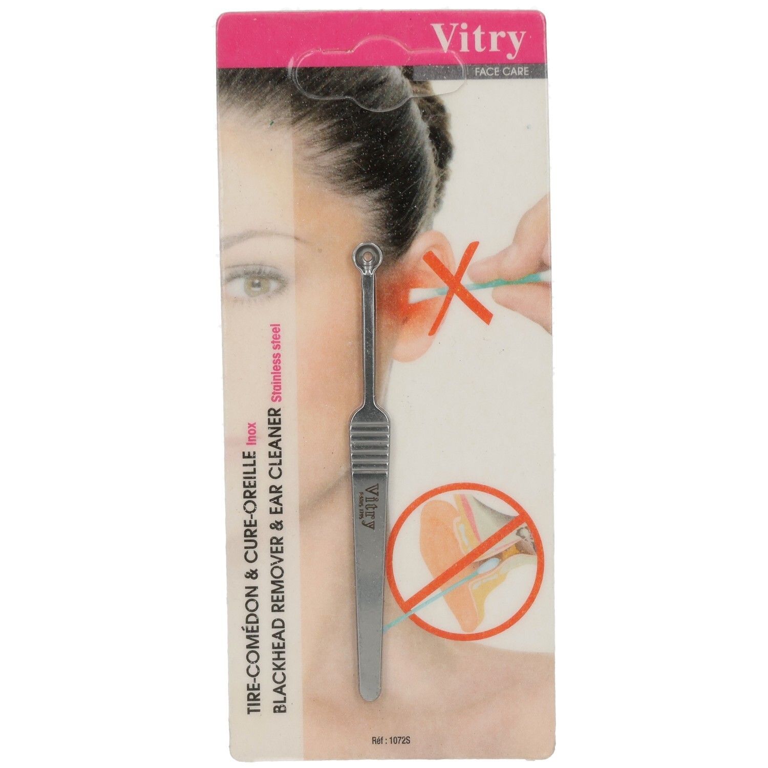 Confezione con un estrattore di punti neri e un pulitore per orecchie in acciaio inossidabile. Lo strumento ha un'estremità rotonda e un'impugnatura. Il marchio Vitry è visibile.
