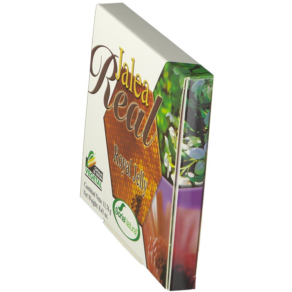 Confezione in cartone angolata. Scritta "Jalea Real Royal Jelly". Logo "Soria Natural".