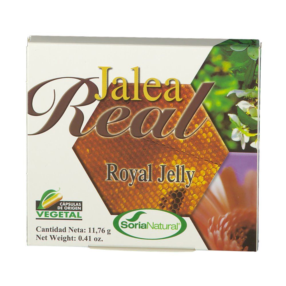 Confezione in cartone "Jalea Real Royal Jelly". Logo "Soria Natural". Immagine di favi e fiori.