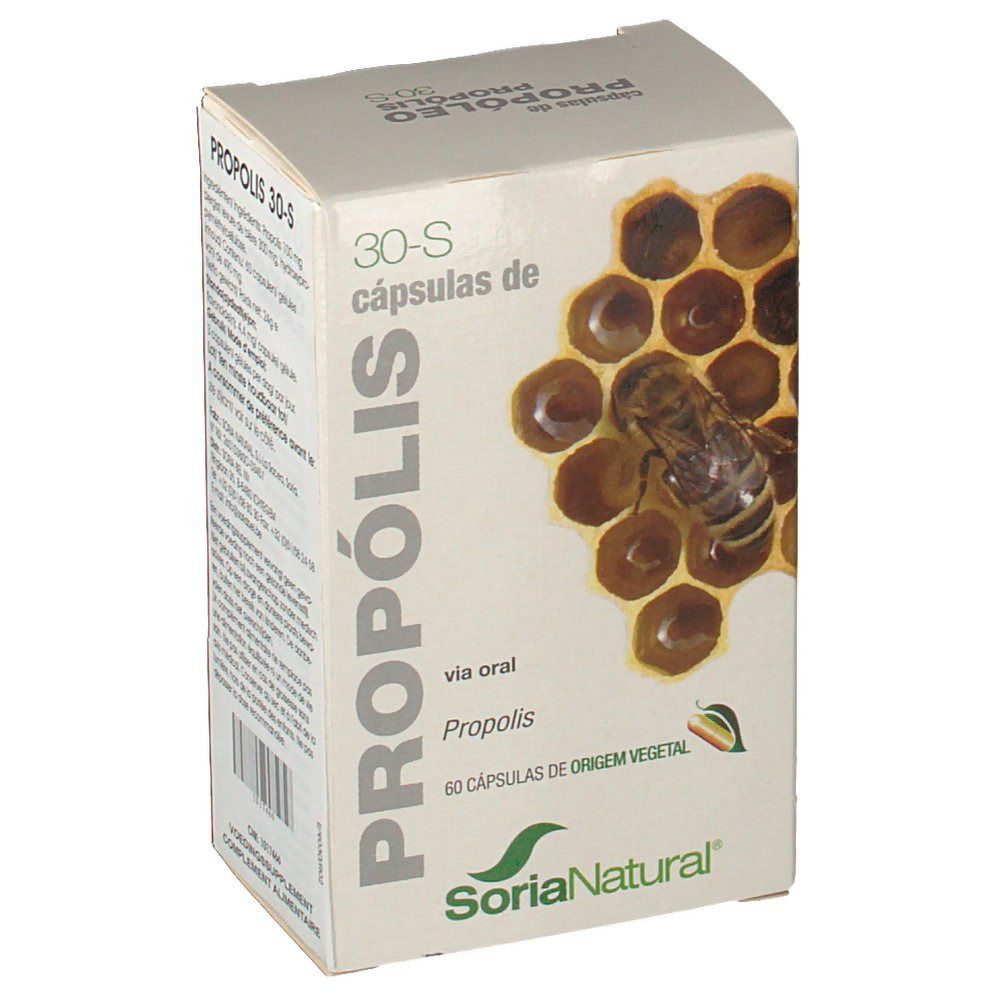 Scatola 'Propolis 30-S'. Ape su favo. Marchio Soria Natural. Capsule vegetali.
