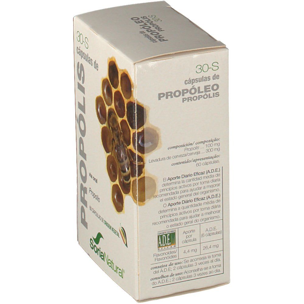 Scatola 'Propolis 30-S'. Ingredienti e dosaggio. Marchio Soria Natural. 60 capsule.
