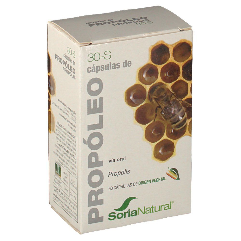 Scatola 'Propolis 30-S'. Ape su favo. Marchio Soria Natural. 60 capsule.