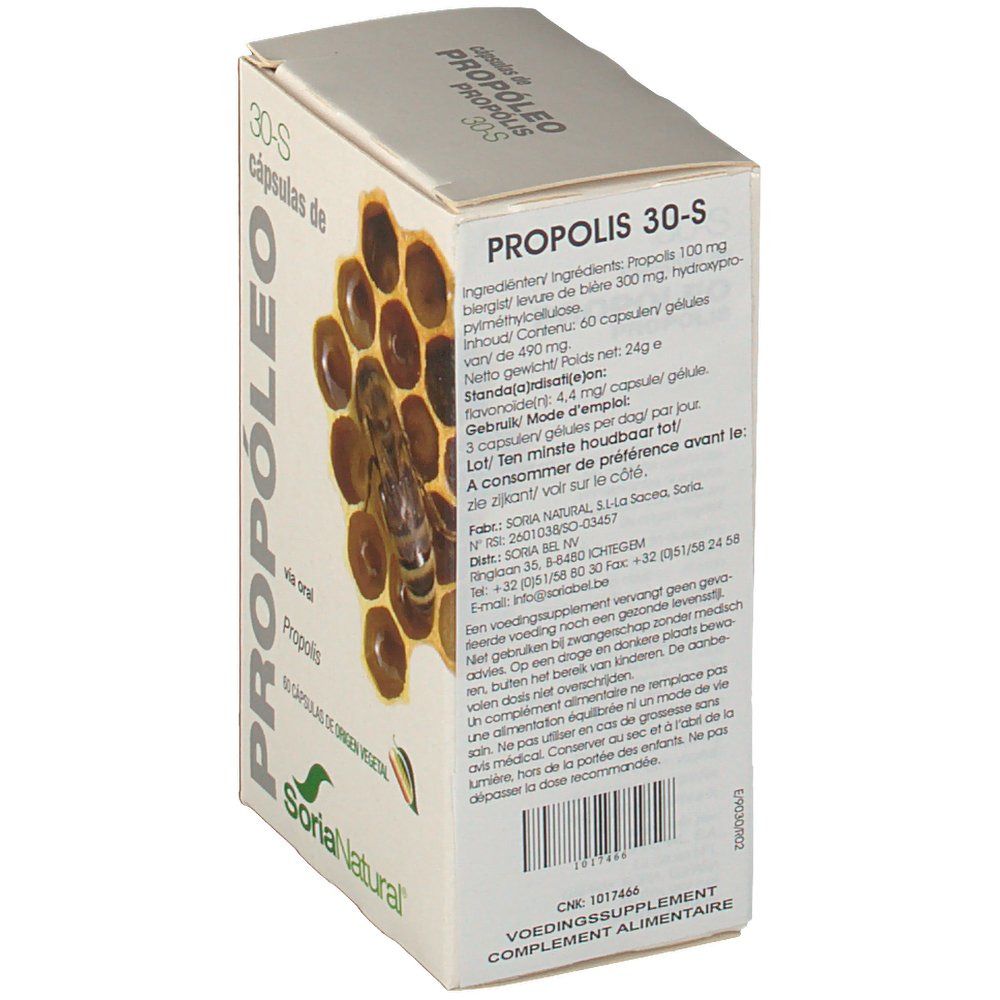Scatola 'Propolis 30-S'. Ingredienti e istruzioni per l'uso. Marchio Soria Natural.