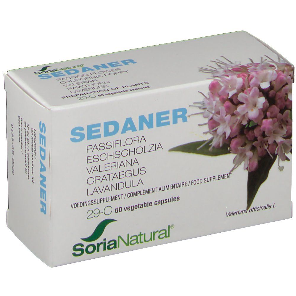 Scatola bianca inclinata con scritta SEDANER, motivo floreale e logo Soria Natural. 60 capsule.
