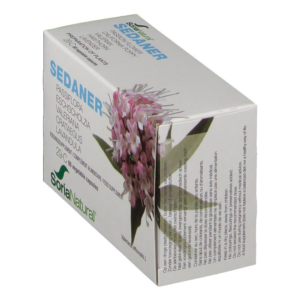 Scatola con scritta SEDANER, motivo floreale e logo Soria Natural. Contiene 60 capsule. Testo sul retro.