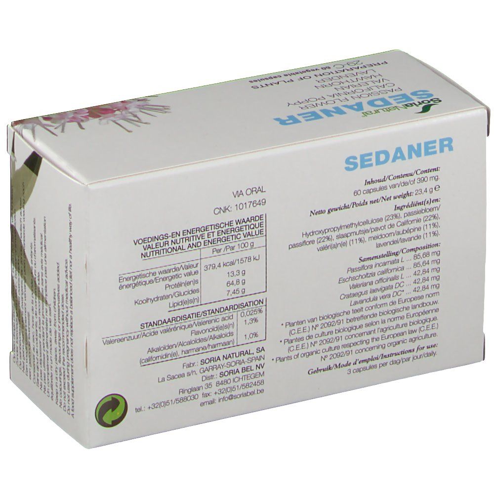 Retro della scatola con scritta SEDANER, informazioni nutrizionali e logo Soria Natural. 60 capsule.