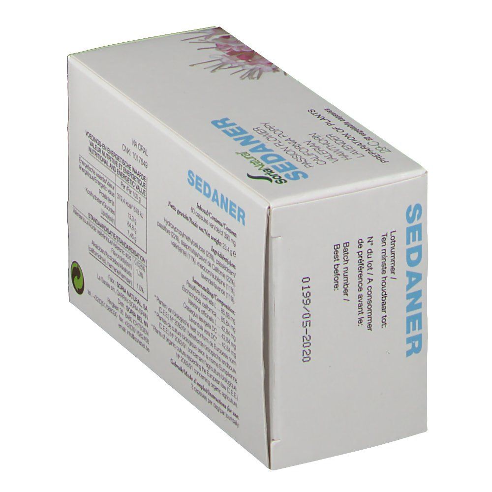 Scatola con scritta SEDANER e logo Soria Natural. Contiene 60 capsule. Data di scadenza.