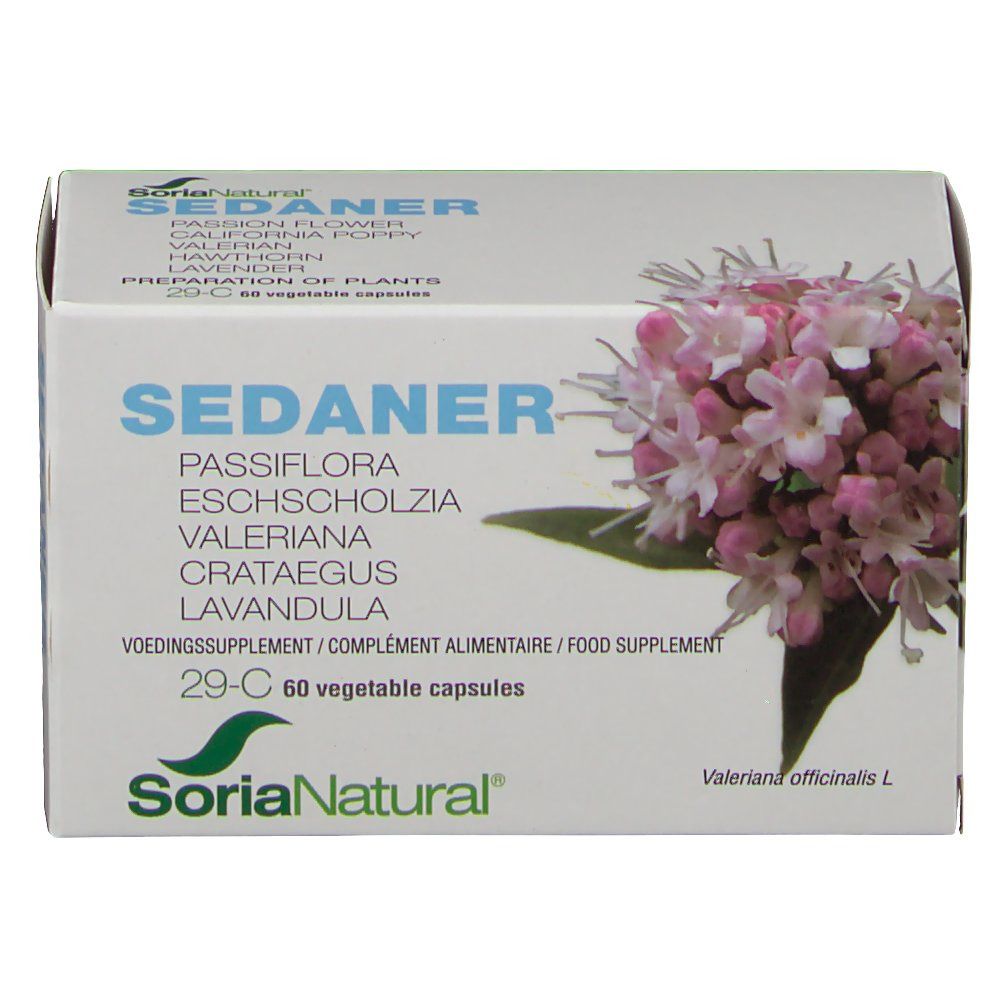 Scatola bianca con scritta SEDANER, motivo floreale e logo Soria Natural. Contiene 60 capsule.