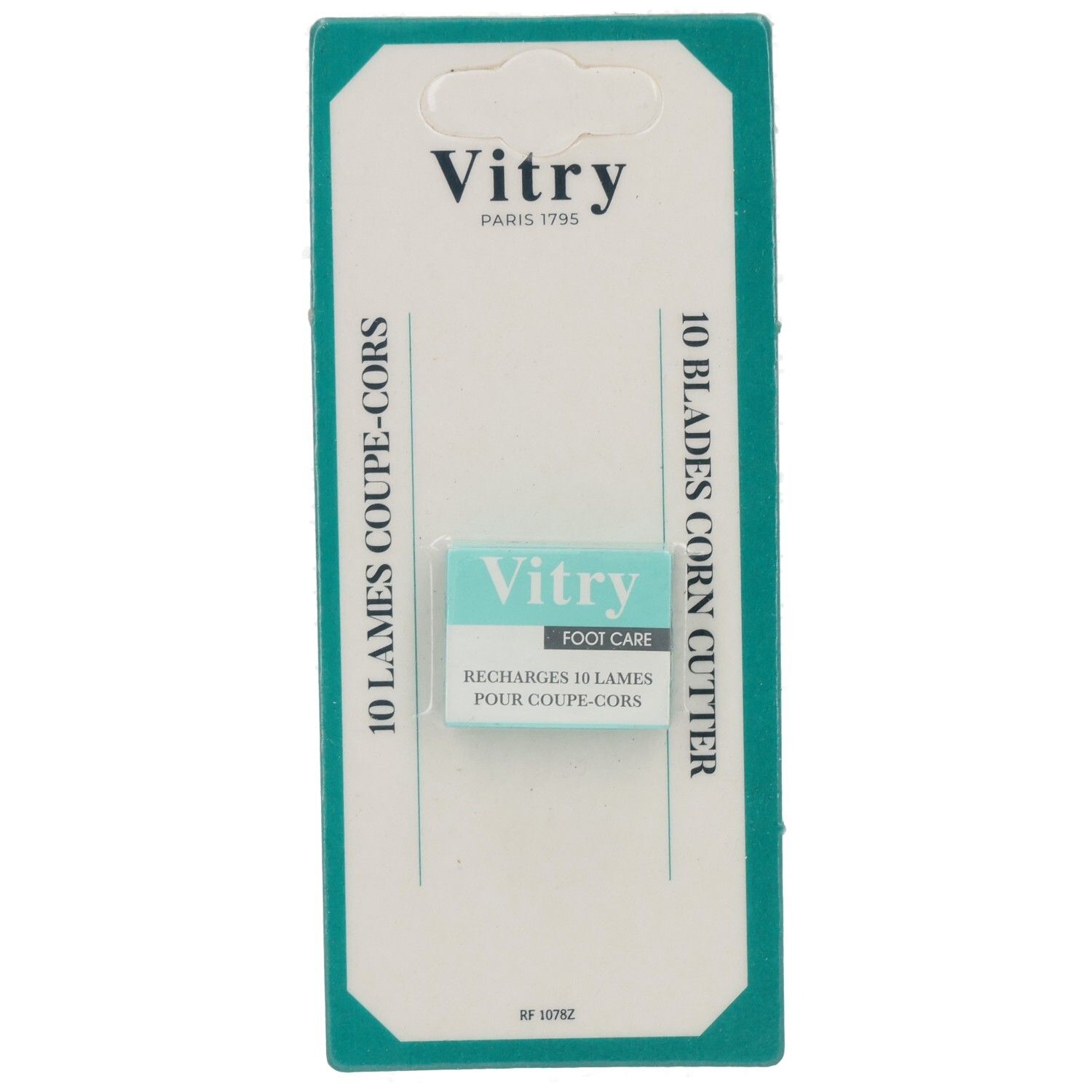 Confezione turchese e bianca di ricariche Vitry Foot Care. Nome e testo del prodotto ben visibili.