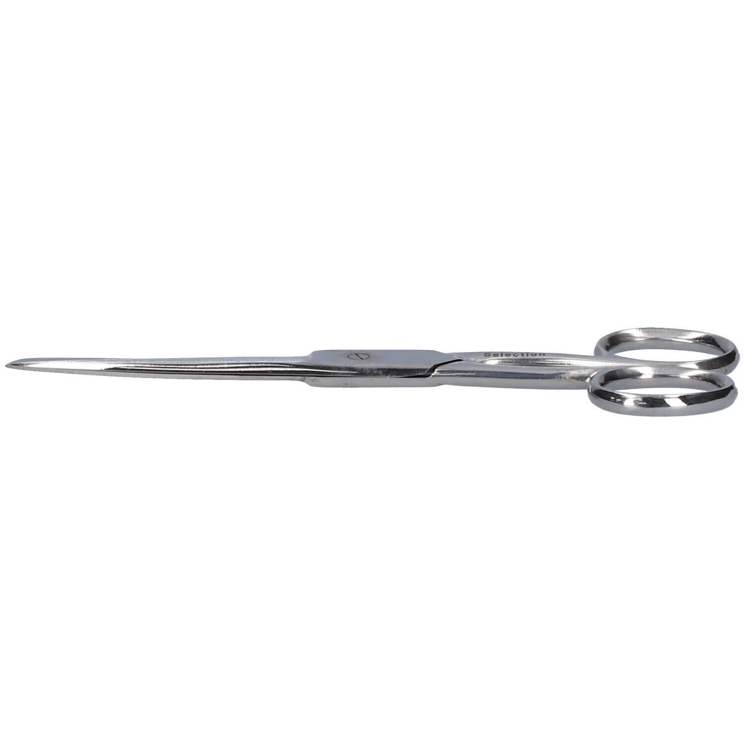 Forbici chirurgiche in acciaio inox. Lame sottili e appuntite. Anelli. Scritta.