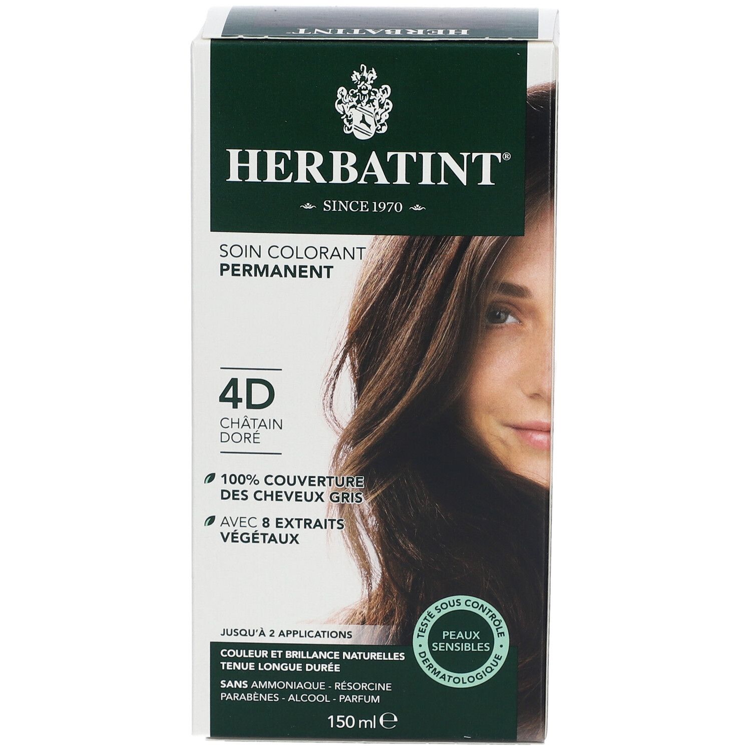 Confezione HERBATINT®. 4D Châtain Doré. Colorazione permanente. Copertura 100% capelli bianchi. Con 8 estratti vegetali. Dermatologicamente testato. 150 ml.