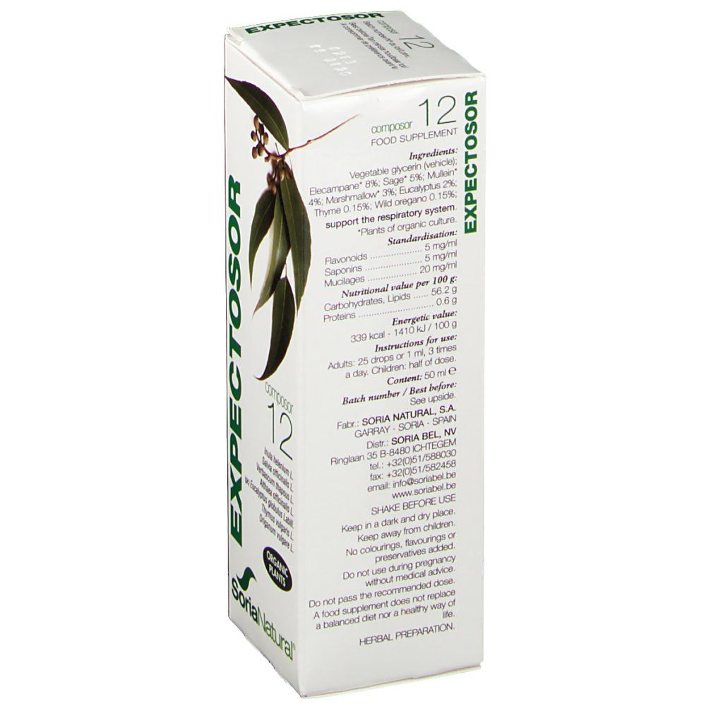 Scatola bianca, vista laterale. Scritta: EXPECTOSOR, Composor 12. Testo con ingredienti, valori nutrizionali e istruzioni per l'uso.