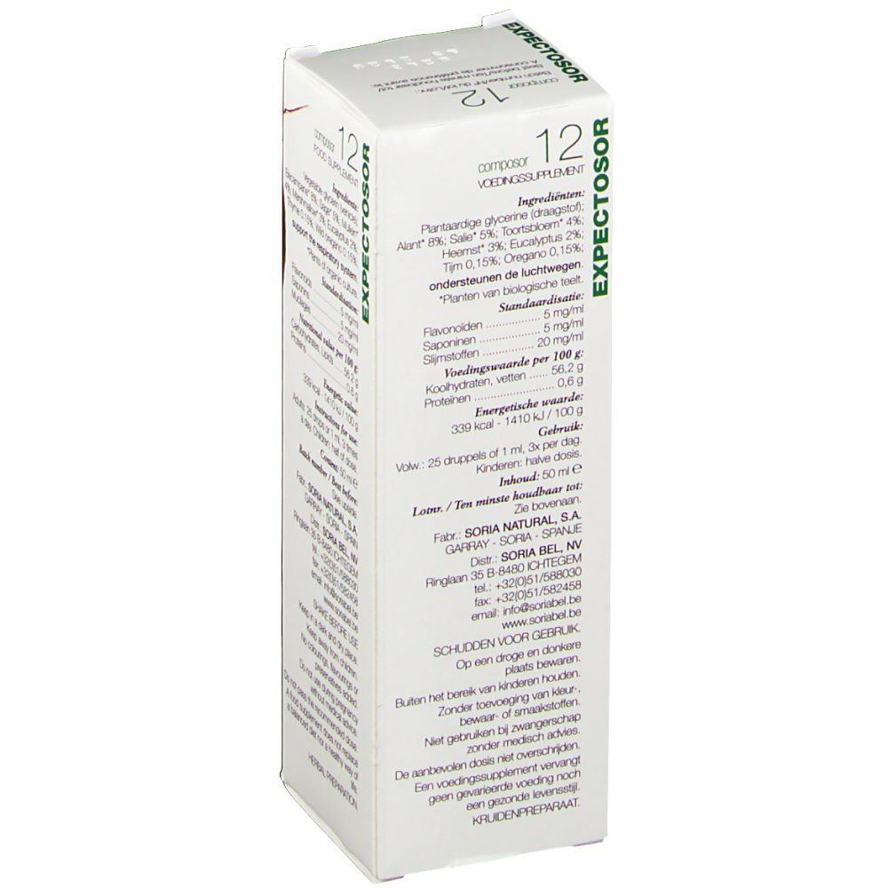 Scatola bianca, vista laterale. Scritta: EXPECTOSOR, Composor 12. Testo con ingredienti, valori nutrizionali e istruzioni per l'uso.