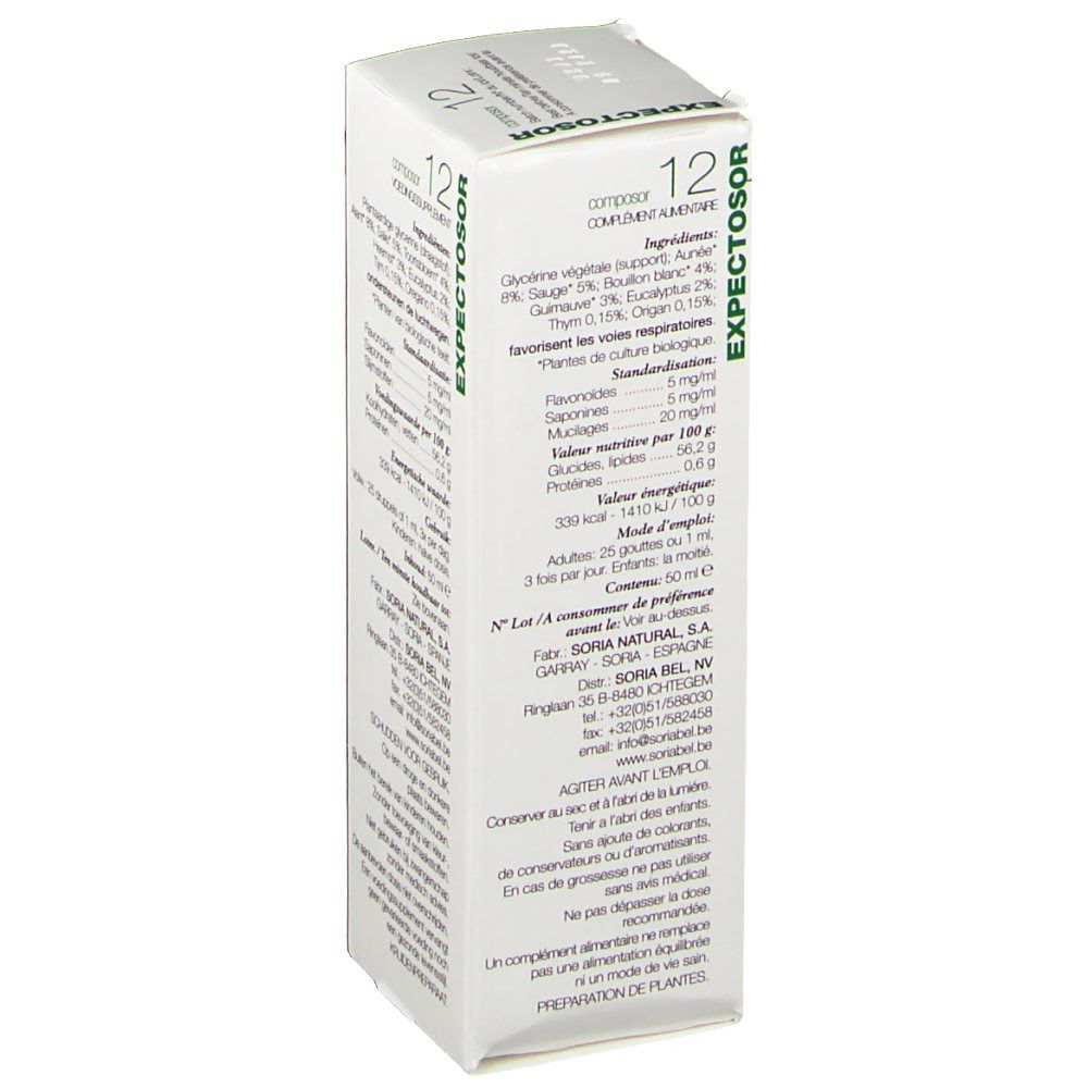 Scatola bianca, vista laterale. Scritta: EXPECTOSOR, Composor 12. Testo con ingredienti, valori nutrizionali e istruzioni per l'uso.