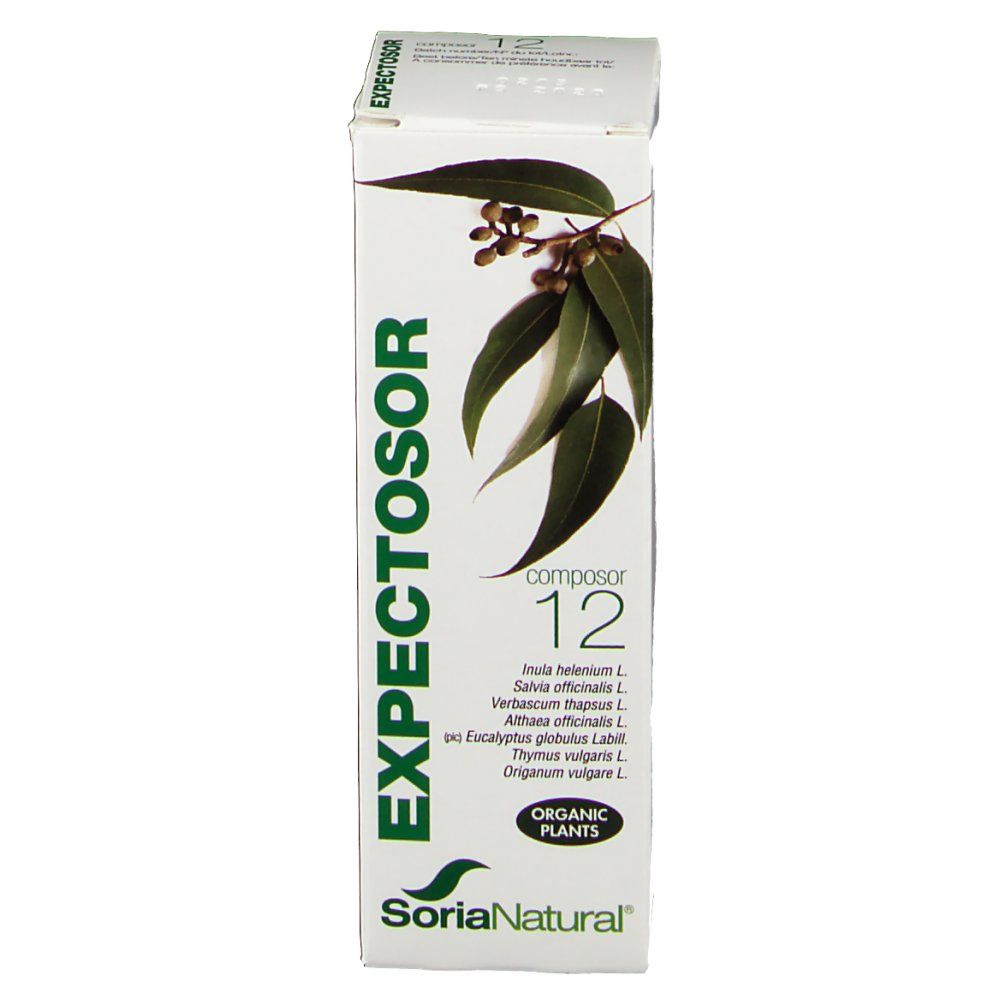 Scatola bianca con stampa verde. Scritta: EXPECTOSOR, Composor 12, Soria Natural. Illustrazione di foglie.