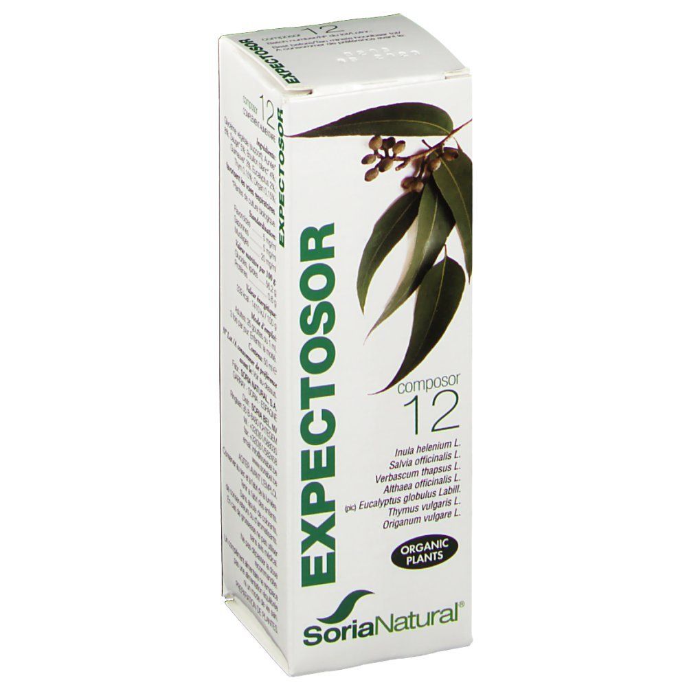 Scatola bianca con stampa verde. Scritta: EXPECTOSOR, Composor 12, Soria Natural. Illustrazione di foglie.