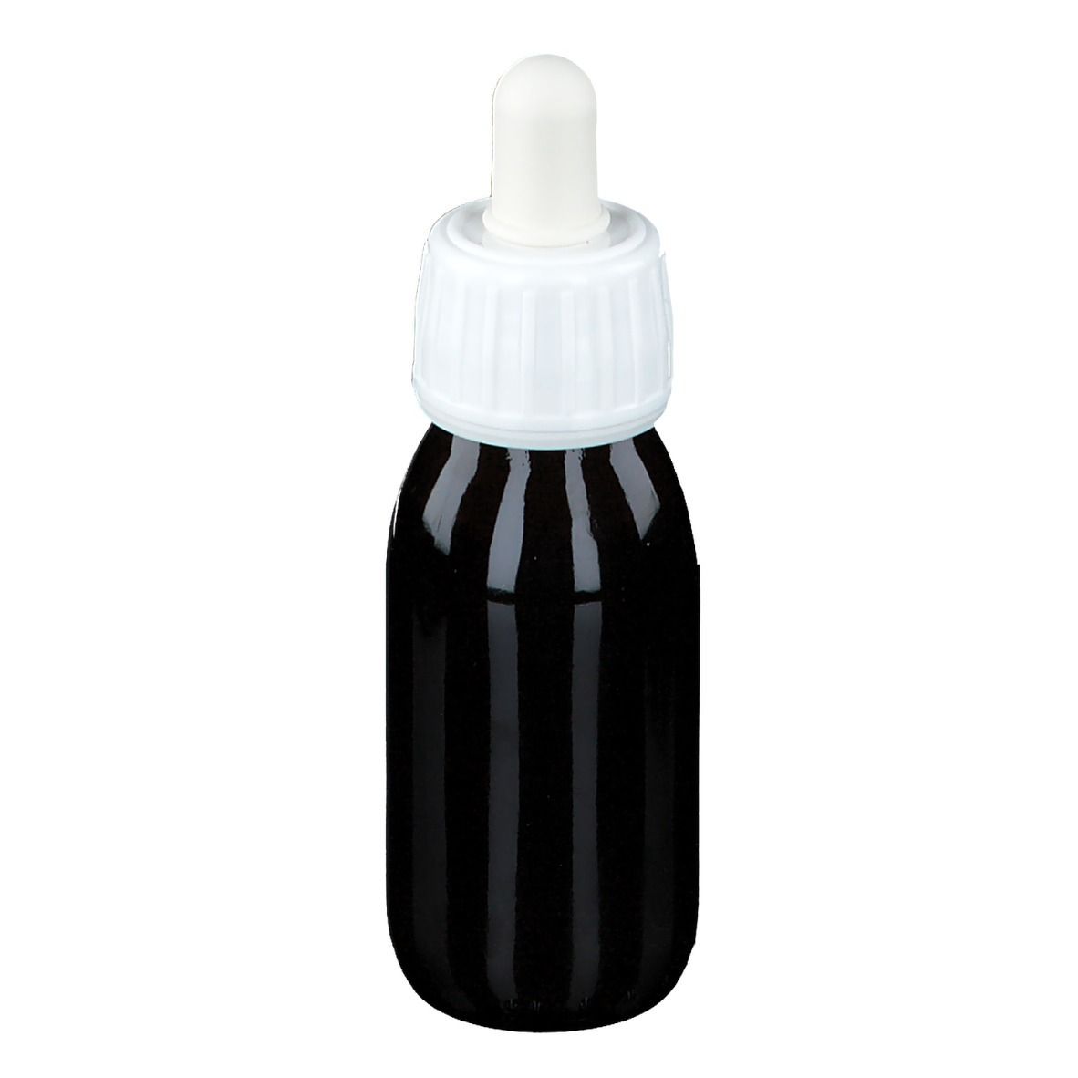 Flacone di vetro marrone con tappo bianco e contagocce. Nessuna altra scritta visibile.