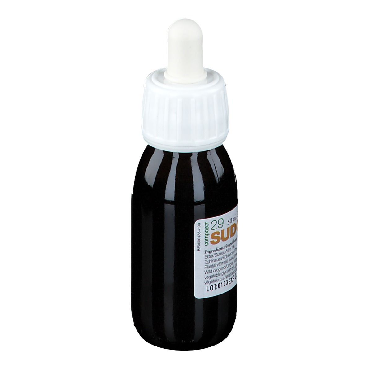 Flacone di vetro marrone con tappo bianco e contagocce. Scritta: Sudosor. Etichetta con ingredienti e data di scadenza.