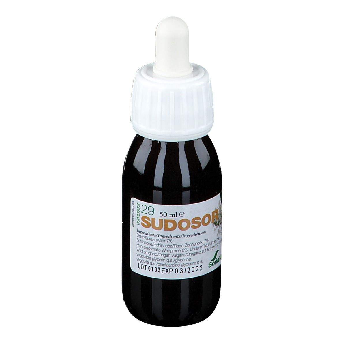 Flacone di vetro marrone con tappo bianco e contagocce. Scritta: Sudosor, 50 ml. Etichetta con ingredienti e data di scadenza.