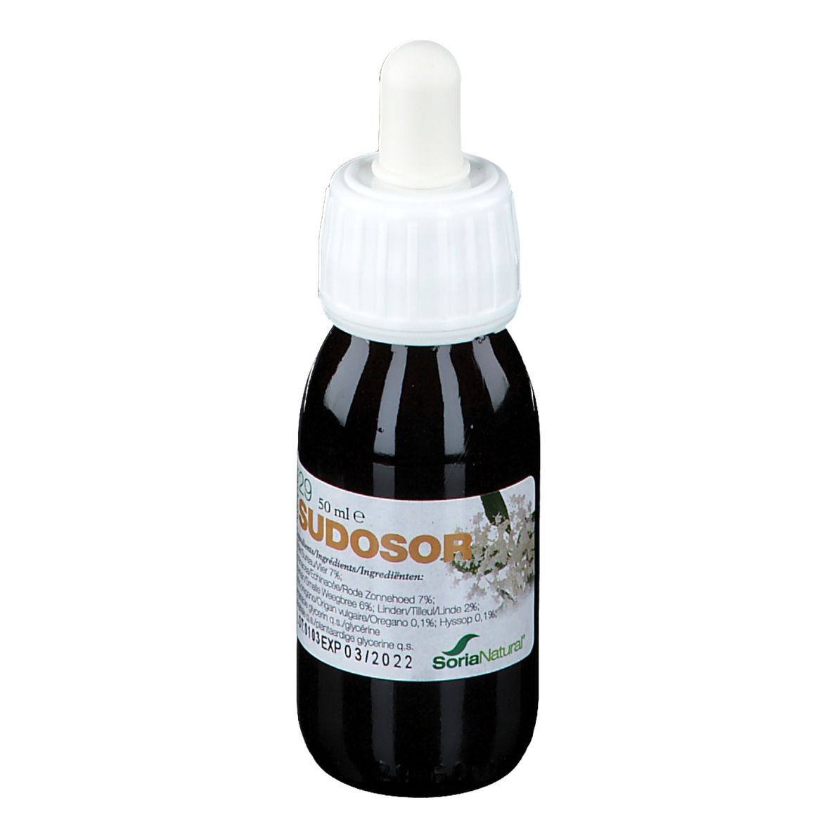 Flacone di vetro marrone con tappo bianco e contagocce. Scritta: Sudosor, 50 ml. Etichetta con ingredienti e data di scadenza.