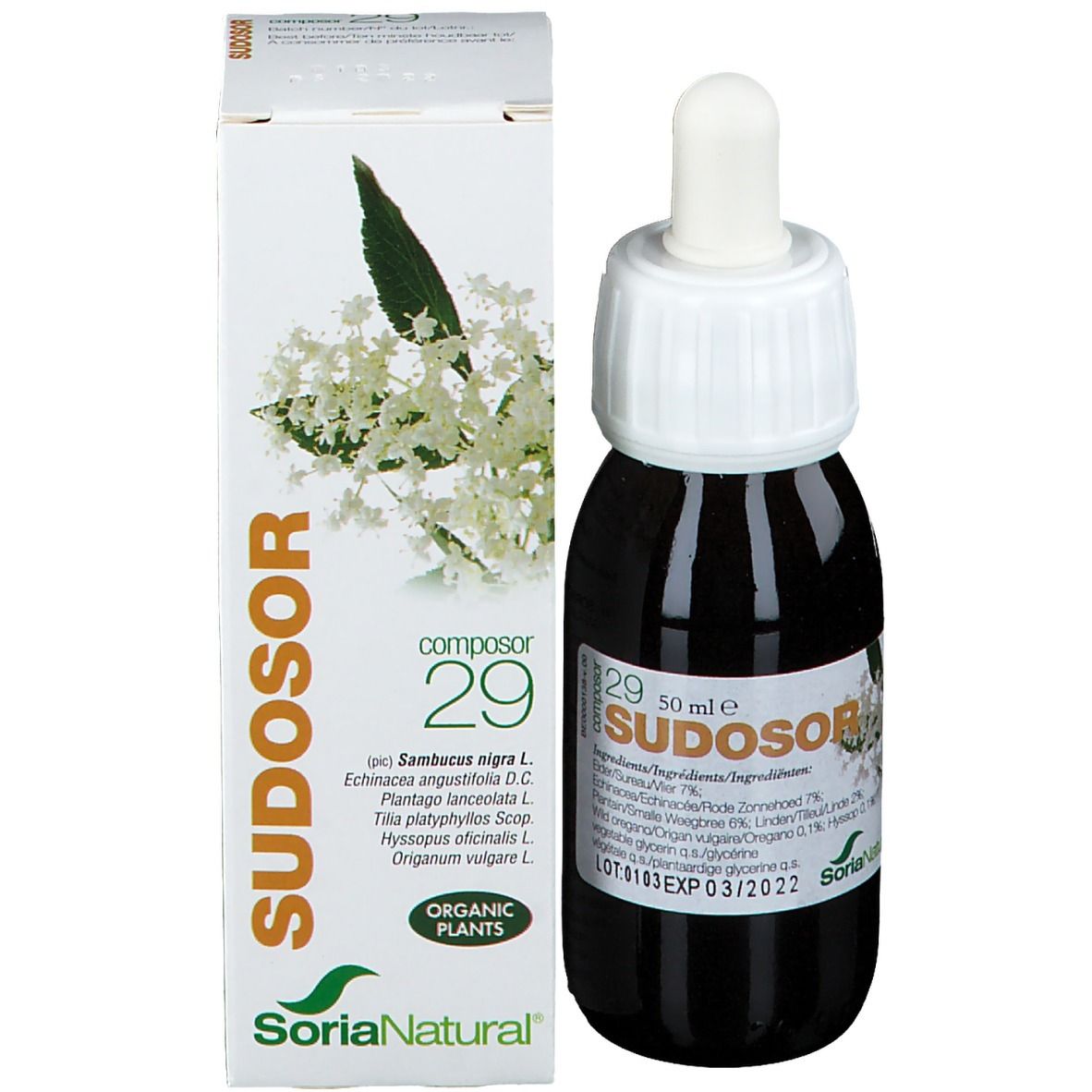 Flacone e confezione. Flacone: vetro marrone, tappo bianco, contagocce. Confezione: bianca, scritta Sudosor, logo Soria Natural.