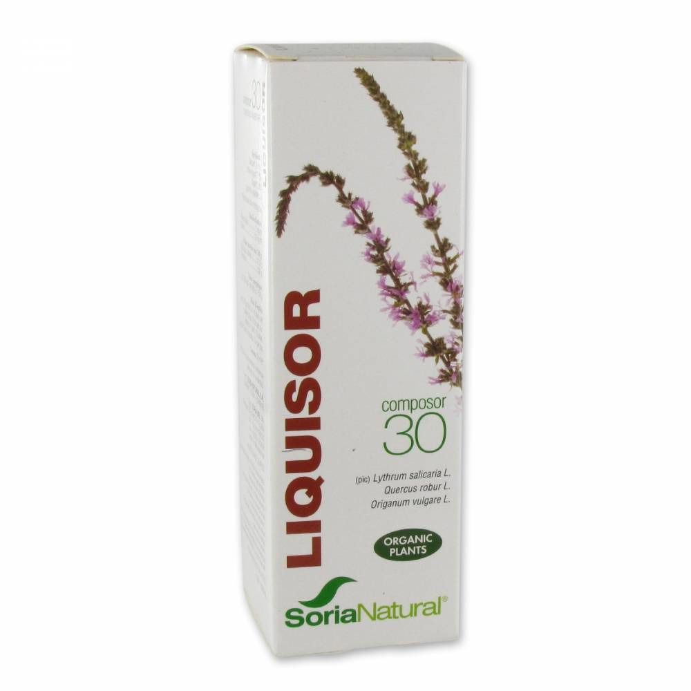 Scatola bianca con nome LIQUISOR e Composor 30. Logo Soria Natural e scritta "Organic Plants".