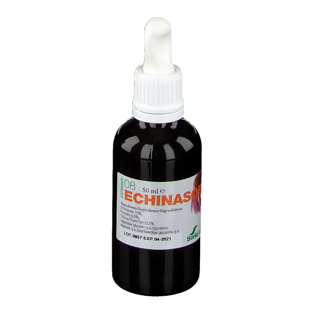 Flacone di vetro marrone con tappo bianco e pipetta. Scritta: Composor 08 Echinasor, 50 ml. Etichetta con ingredienti e logo.