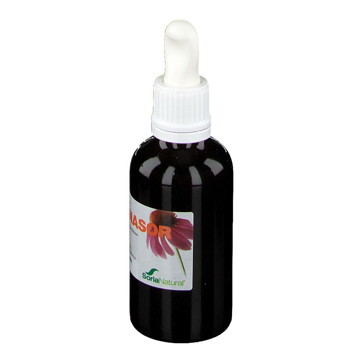Flacone di vetro marrone con tappo bianco e pipetta. Scritta: Echinasor. Etichetta con fiore e logo.