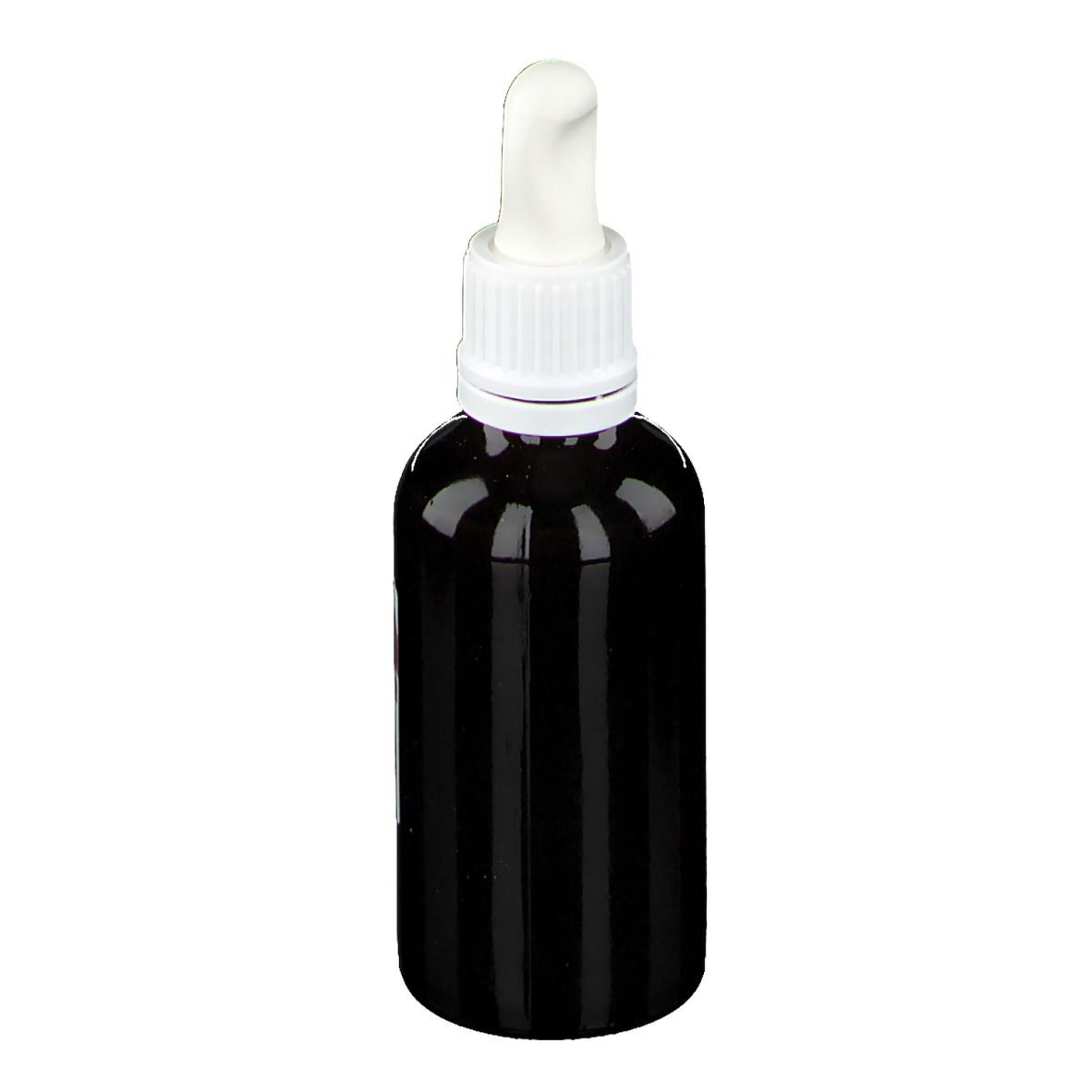 Flacone di vetro marrone con tappo bianco e pipetta. Nessuna altra scritta visibile.