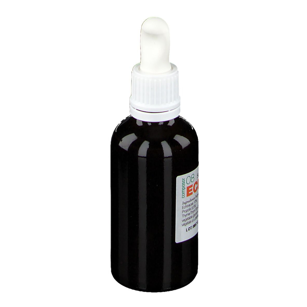 Flacone di vetro marrone con tappo bianco e pipetta. Scritta: Composor 08 Echinasor. Etichetta con ingredienti.