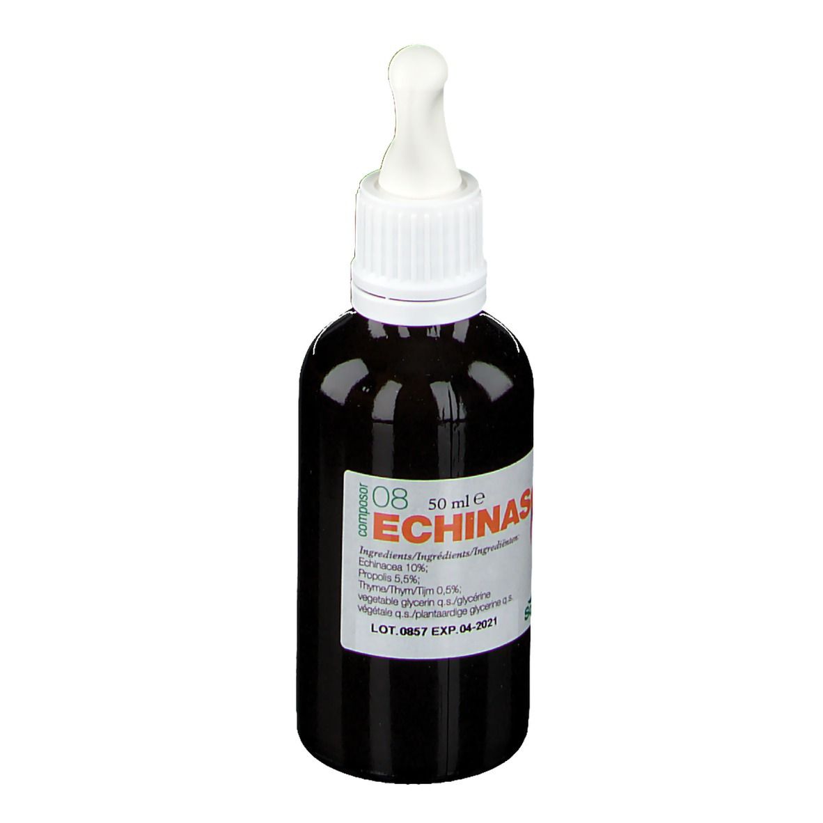 Flacone di vetro marrone con tappo bianco e pipetta. Scritta: Composor 08 Echinasor, 50 ml. Etichetta con ingredienti.