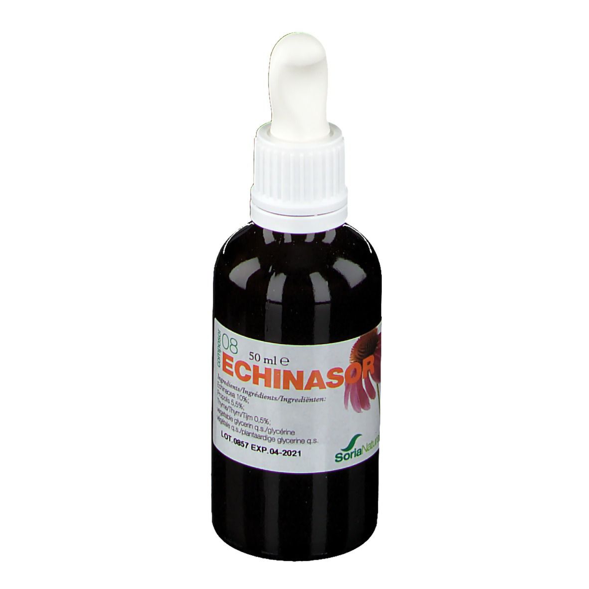 Flacone di vetro marrone con tappo bianco e pipetta. Scritta: Composor 08 Echinasor, 50 ml. Etichetta con fiore e logo.
