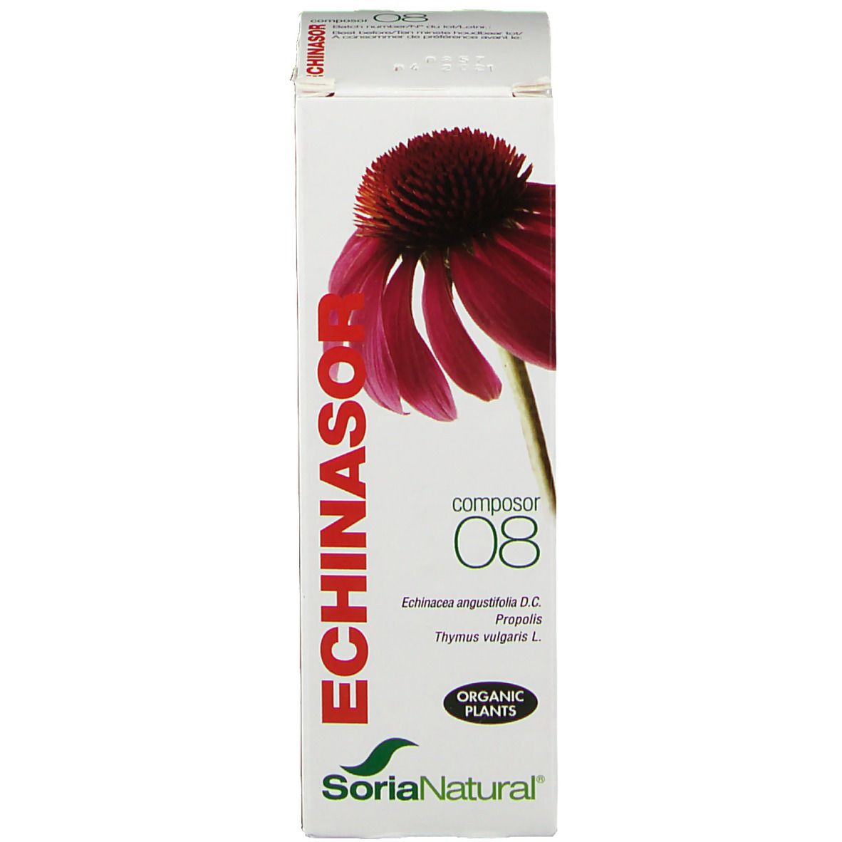 Confezione. Bianca, rossa. Scritta: Echinasor, Composor 08, logo, nome prodotto, ingredienti.