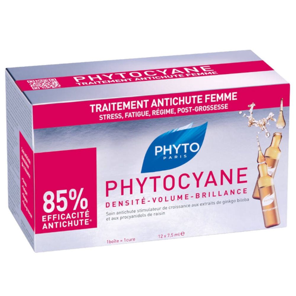 Scatola PHYTOCYANE. Design rosa e bianco. Contiene 12 fiale. Testo: Trattamento anticaduta donna, 85% efficacia.