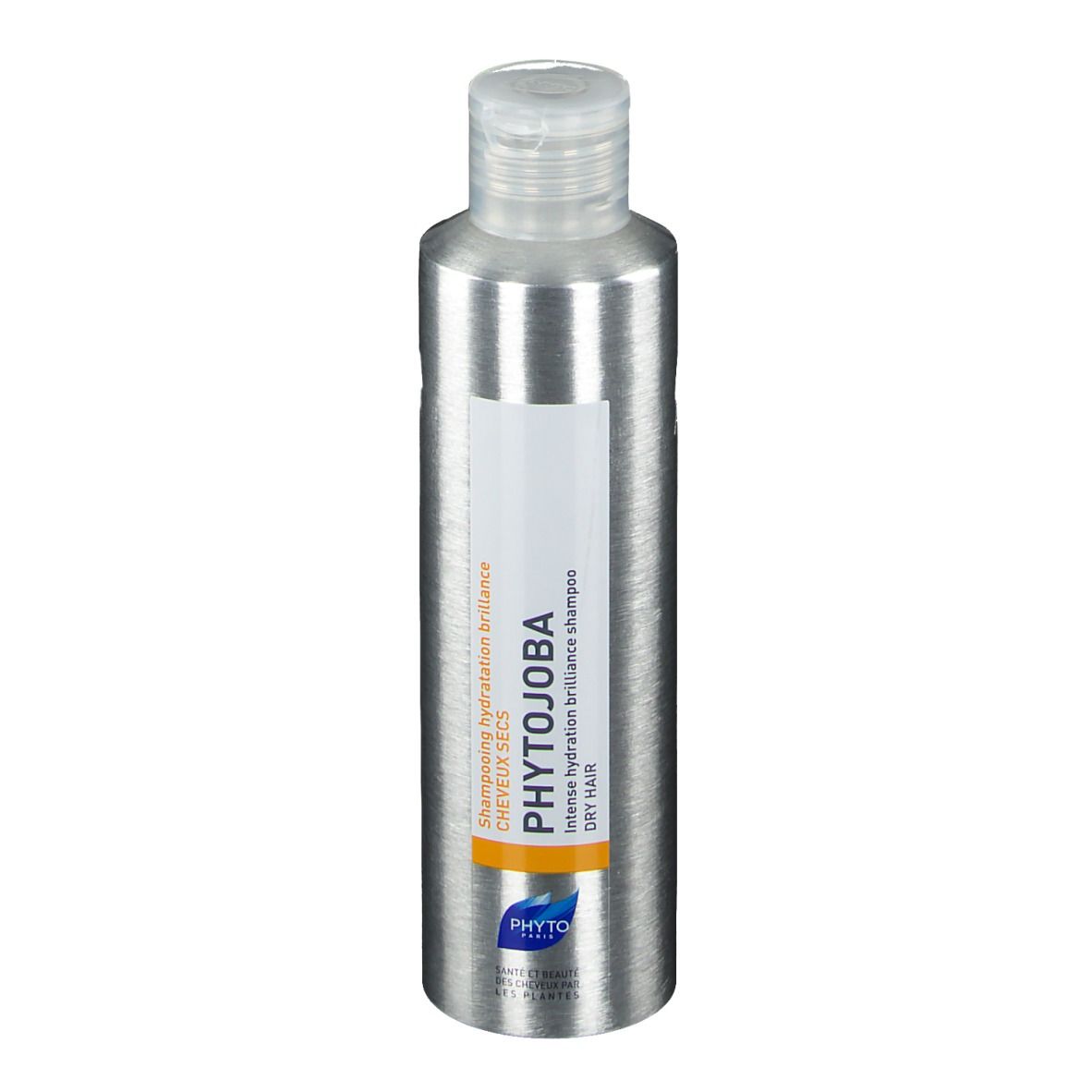 Flacone di shampoo argentato con etichetta bianca. Scritta: PHYTOJOBA, Shampooing hydratation brillance, capelli secchi.