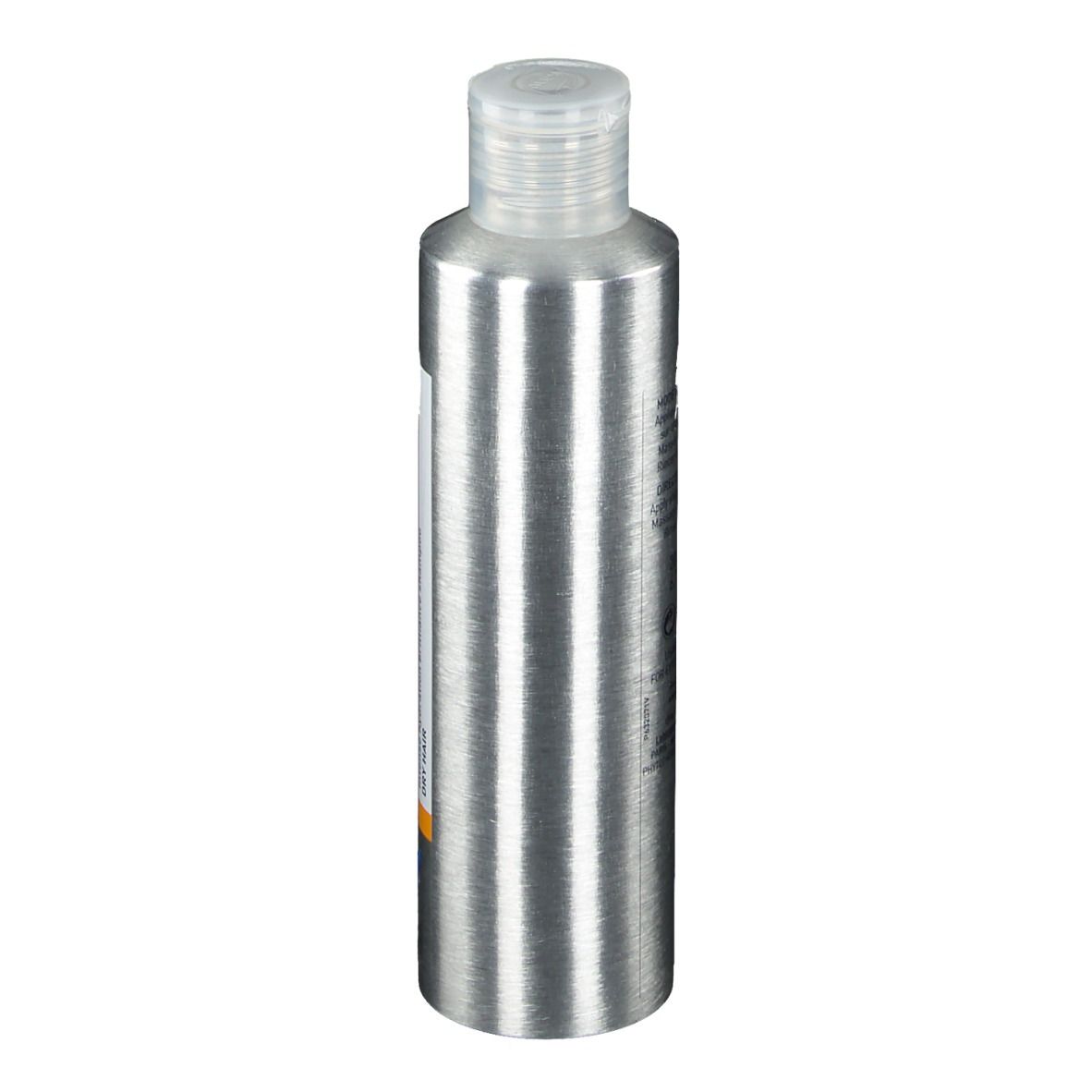 Flacone di shampoo argentato, vista laterale. Etichetta bianca con testo. Chiusura trasparente.