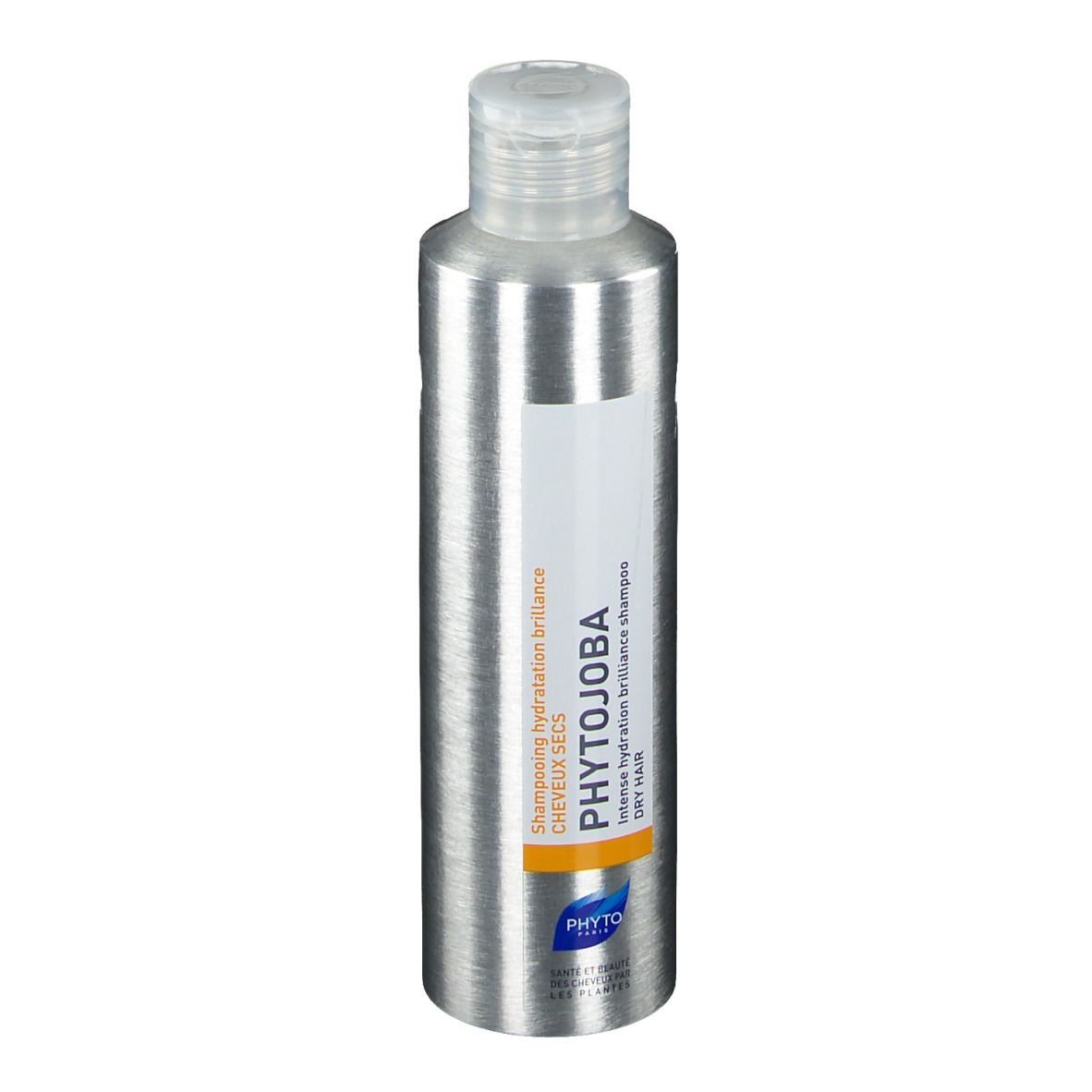 Flacone di shampoo argentato con etichetta bianca. Scritta: PHYTOJOBA, Shampooing hydratation brillance, capelli secchi.