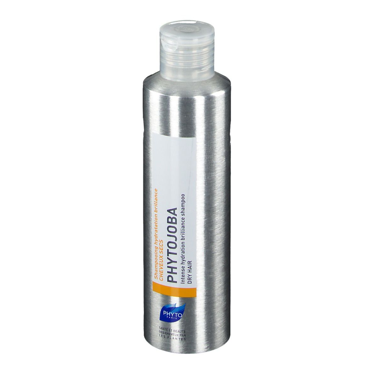Flacone di shampoo argentato con etichetta bianca. Scritta: PHYTOJOBA, Shampooing hydratation brillance, capelli secchi.