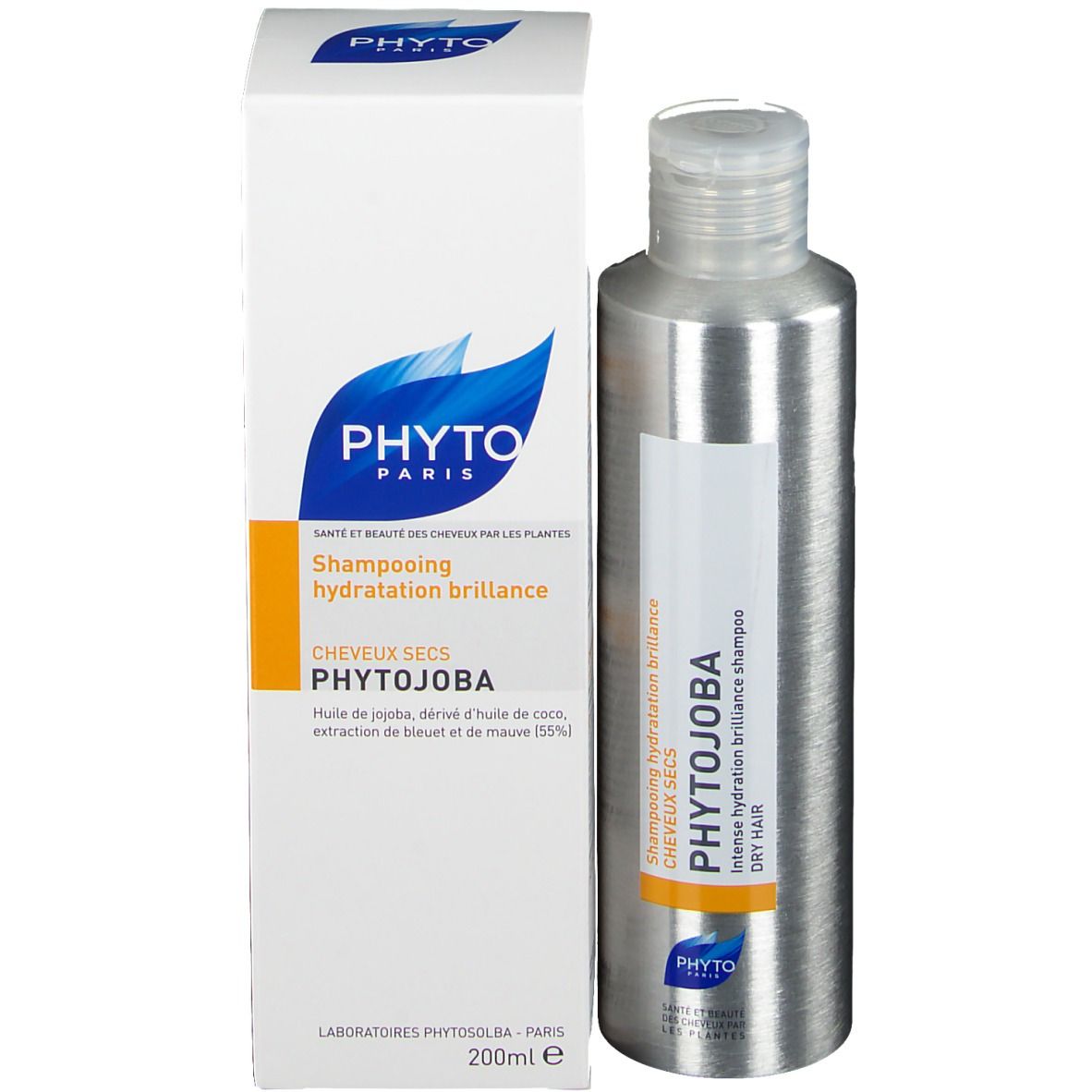 Flacone di shampoo e scatola. Flacone: argento, etichetta con testo. Scatola: bianca, logo blu, testo.