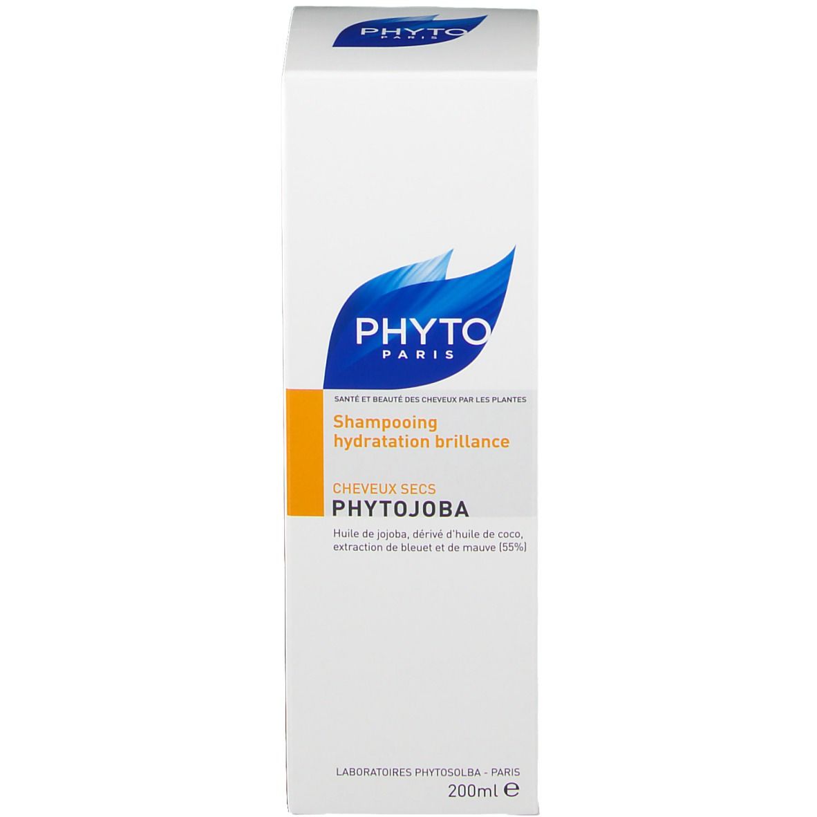 Scatola bianca con logo blu e testo. Scritta: Shampooing hydratation brillance, cheveux secs, PHYTOJOBA.