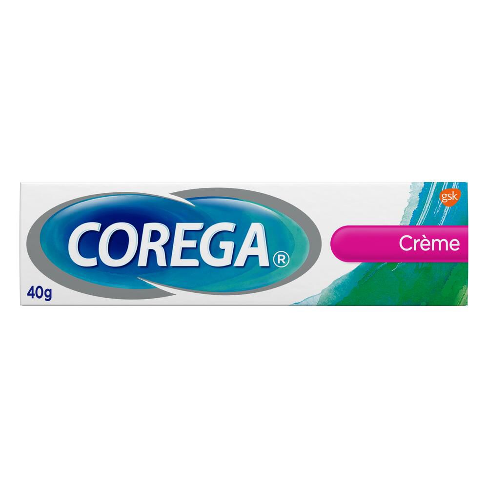 Tubo di Corega Crème. Bianco, blu, rosa. 40g. Marchio e nome del prodotto visibili.