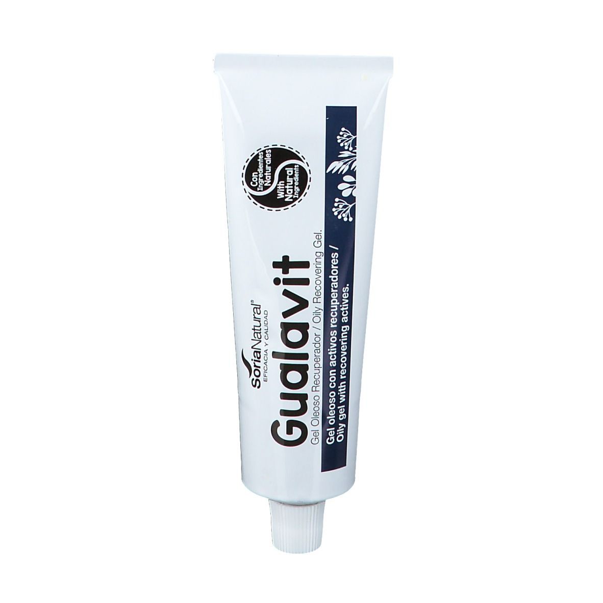 Tubo bianco con scritta Gualavit. Logo Soria Natural. Gel per la pelle. Con ingredienti naturali.