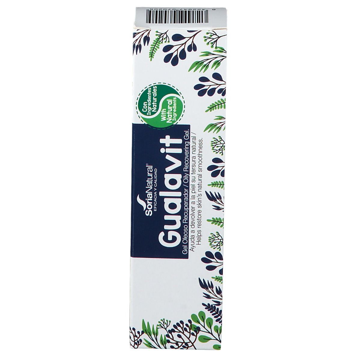 Confezione del prodotto. Scatola del gel Gualavit. Logo Soria Natural. Con ingredienti naturali. Codice a barre in alto.